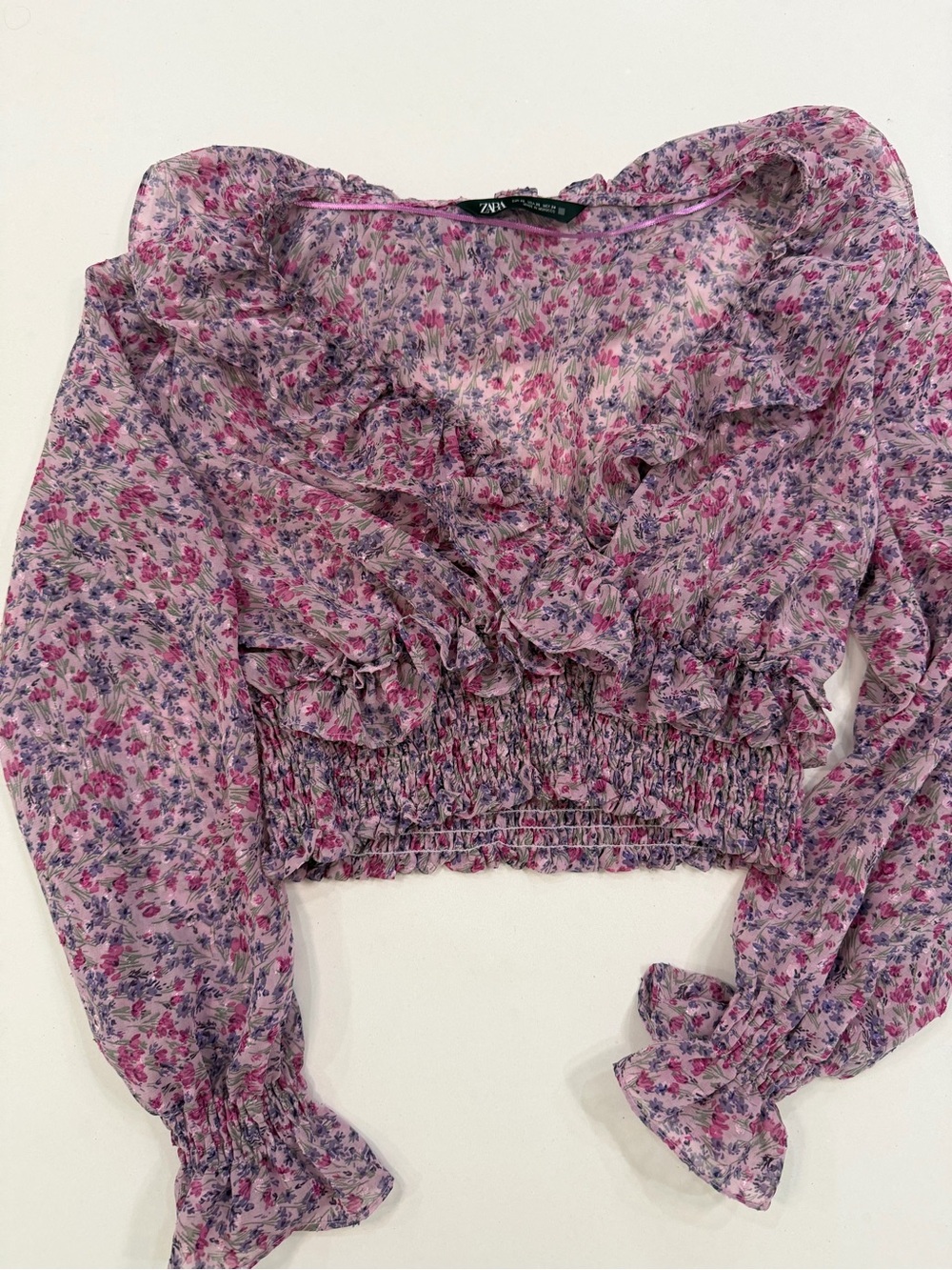 Zara Lavender Pink Floral Ruffle Smocked Crop Blouse